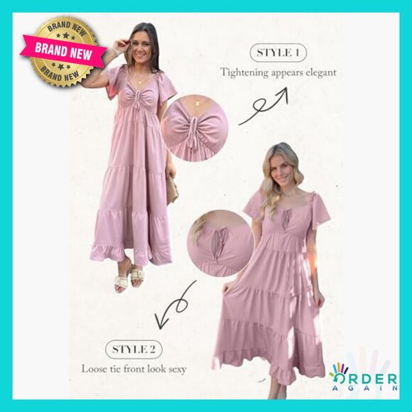 Summer Maxi Dress Flutter Sleeve V Neck Tie Front Tiered Flowy Wedding Guest - Picture 6 of 7